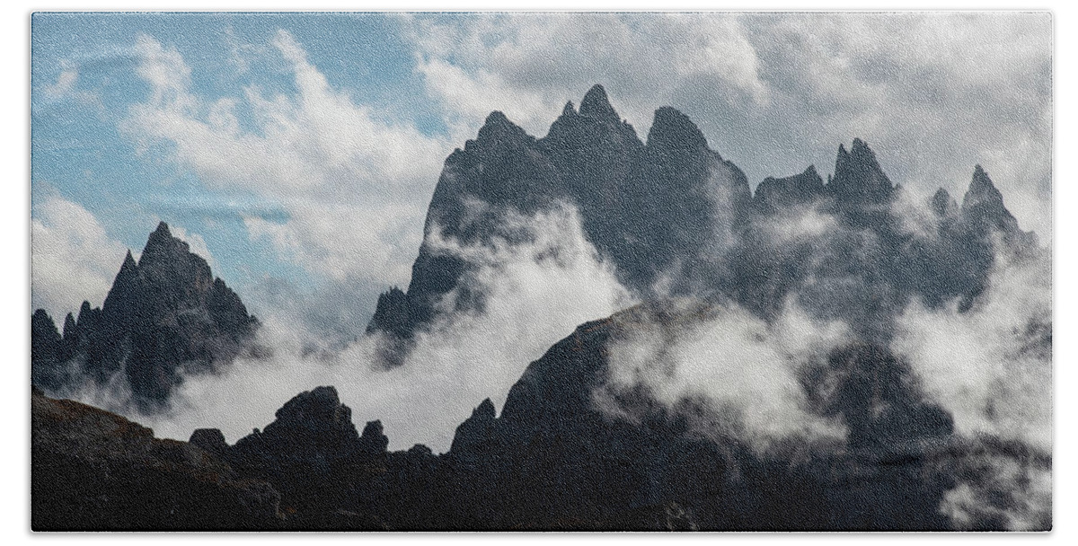 Dolomite Mountains Bath Towel featuring the photograph Mountain peaks at Tre cime area in Italy #1 by Michalakis Ppalis