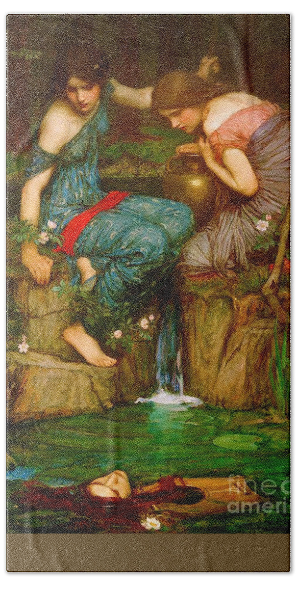 John William Waterhouse Bath Towel featuring the painting Nymphs Finding the Head of Orpheus - 1905 by John William Waterhouse