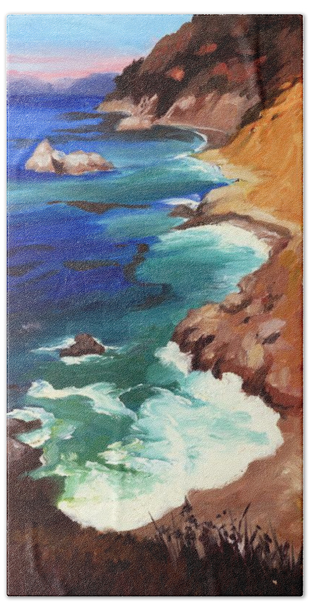 Cliff Bath Towel featuring the painting Ocean View at Big Sur #1 by Alice Leggett