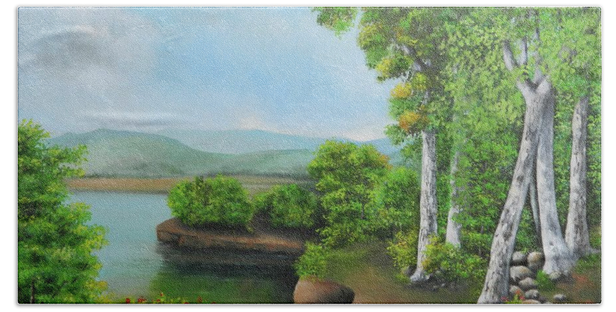 Tropical Landscape Bath Towel featuring the painting On A Beautiful Day #2 by Kenneth Harris