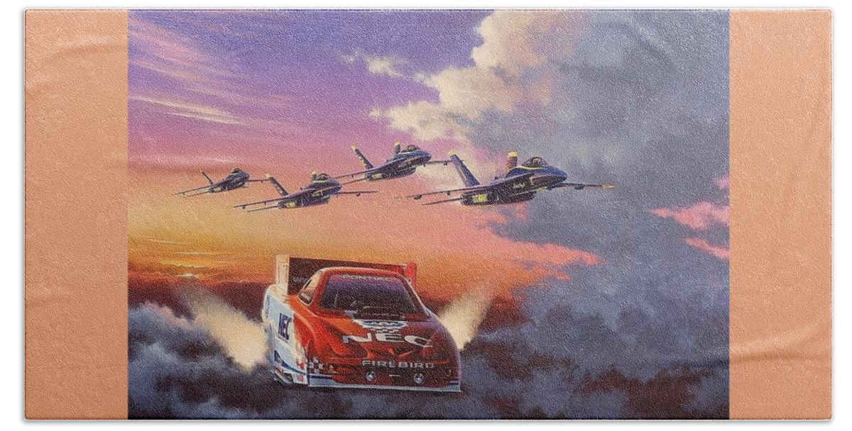 Nhra Funny Cars Kenny Youngblood Gary Densham Nitro Blue Angels Bath Towel featuring the painting On Angel's Wings #1 by Kenny Youngblood