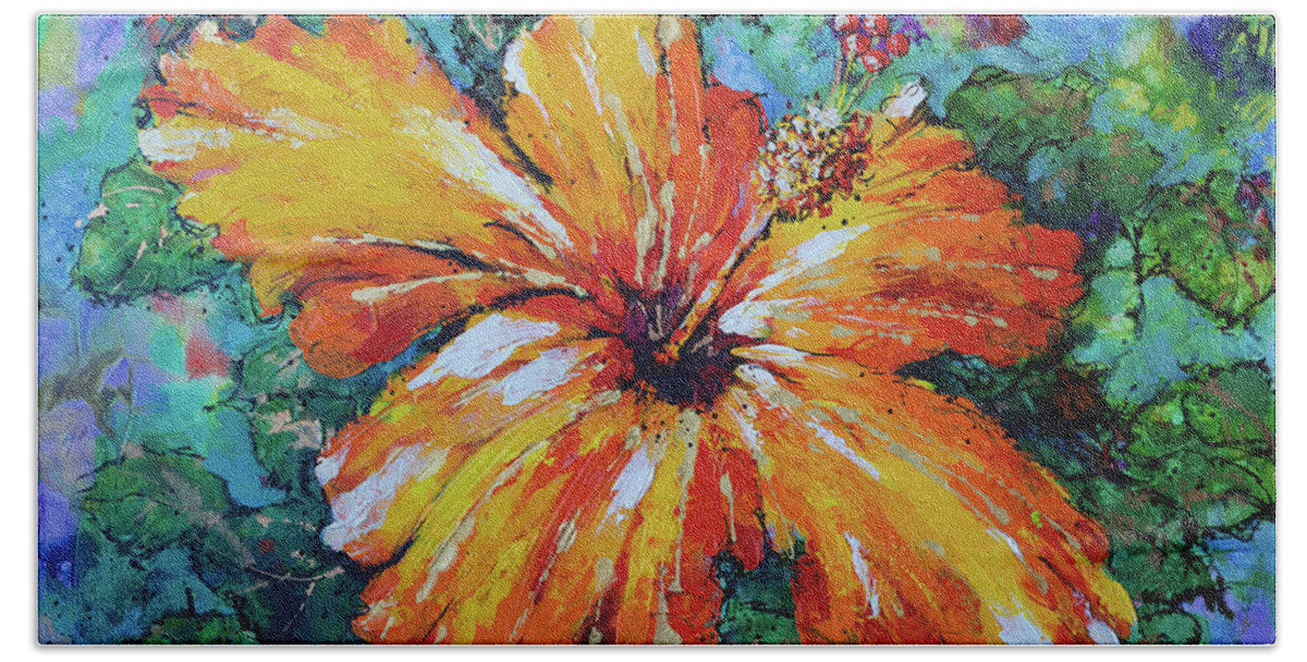 Orange Hibiscus Bath Towel featuring the painting Orange Hibiscus #2 by Jyotika Shroff
