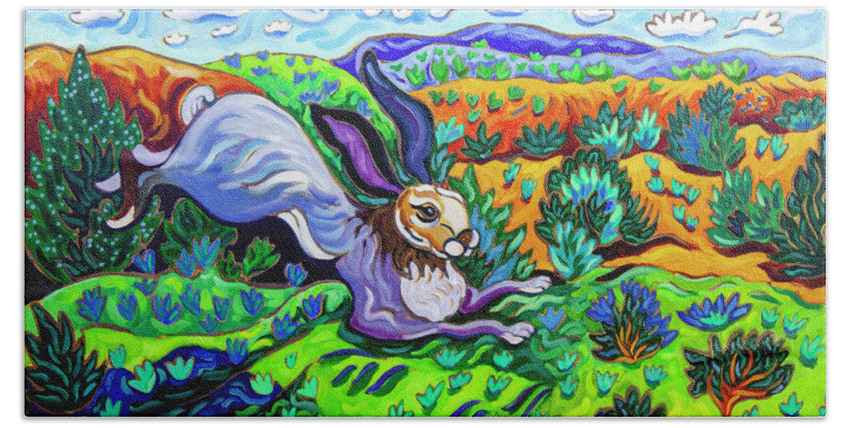 Santa Fe Paintings Bath Towel featuring the painting Out Where the Lean Jack Hops Along #1 by Cathy Carey