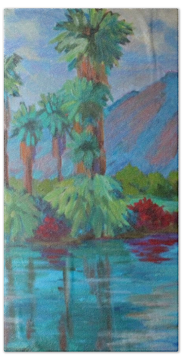 Palms Hand Towel featuring the painting Palms and Reflections #1 by Diane McClary