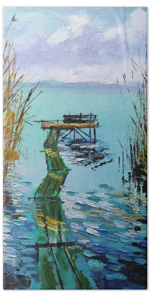 Oil On Canvas Hand Towel featuring the painting Pier in the reeds. #1 by Lorand Sipos