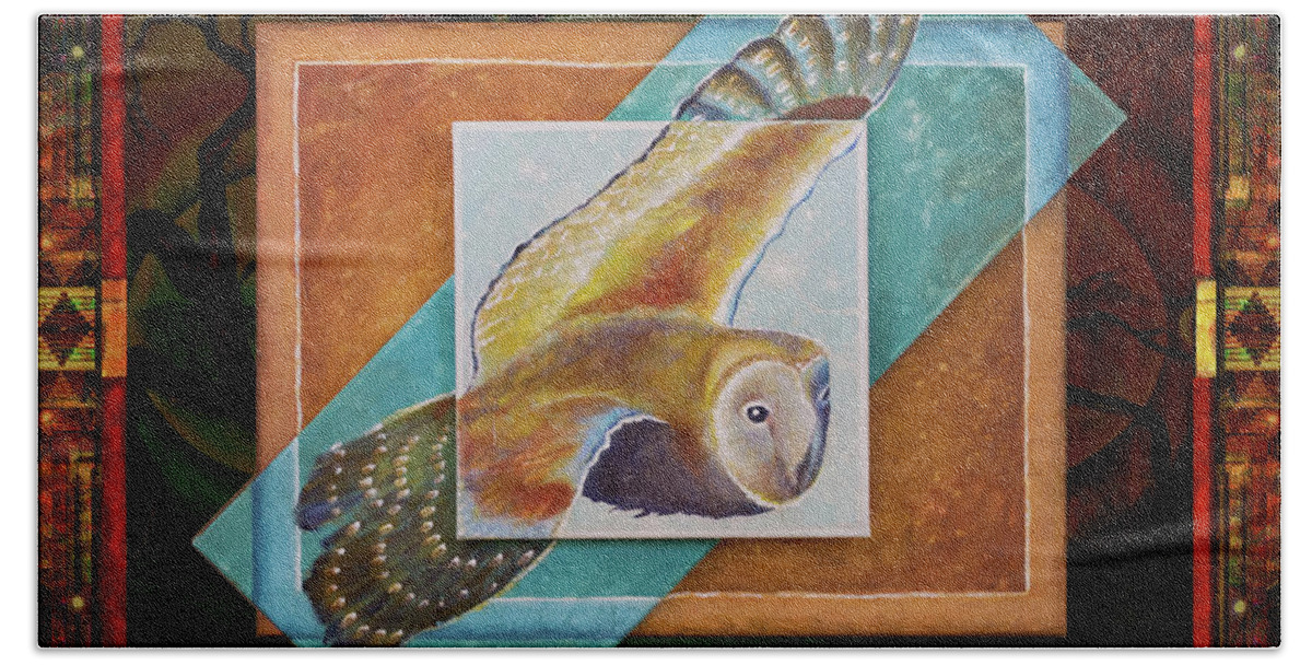 Owl Bath Towel featuring the painting Piercing the Mystery #1 by Kevin Chasing Wolf Hutchins