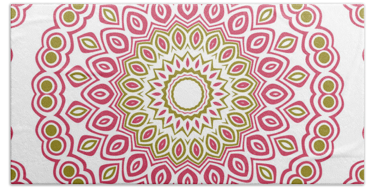 Pink And Green Bath Towel featuring the digital art Pink and Green Mandala Kaleidoscope Medallion Flower #2 by Mercury McCutcheon