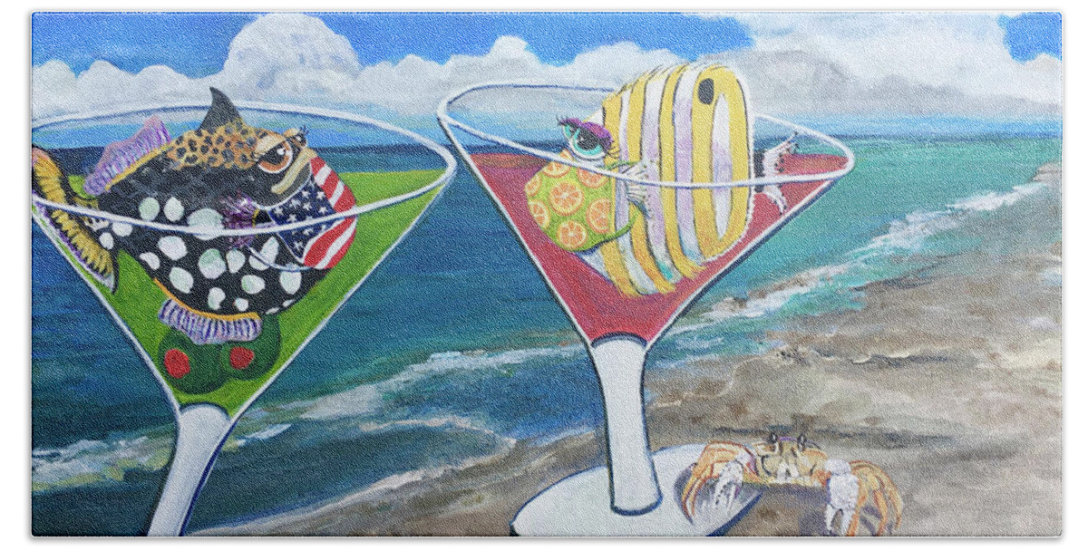 Quarantini Hand Towel featuring the painting Quarantini Beach Day #1 by Linda Kegley