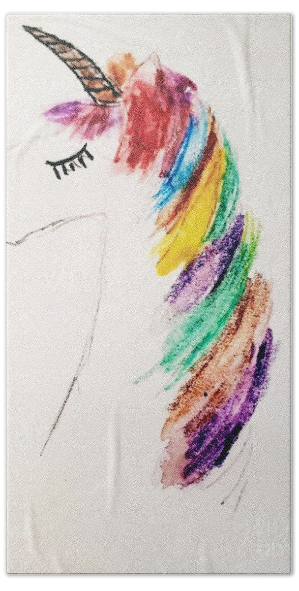  Bath Towel featuring the painting Rainbow Unicorn #1 by Margaret Welsh Willowsilk