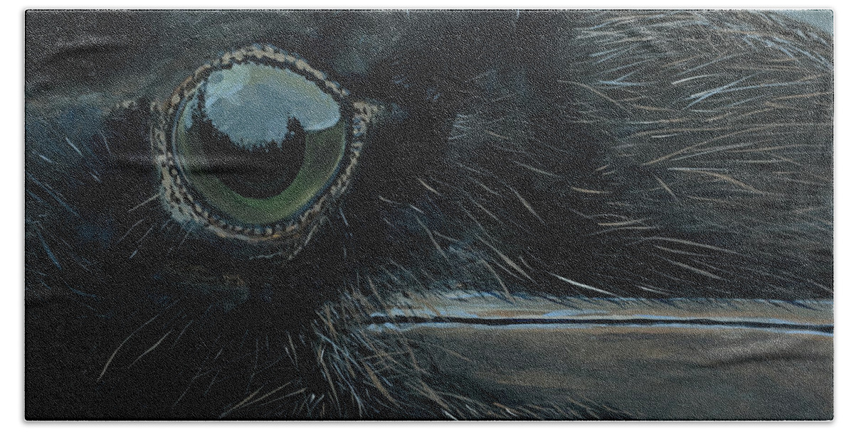 Raven Bath Towel featuring the painting Raven's Eye #1 by Les Herman