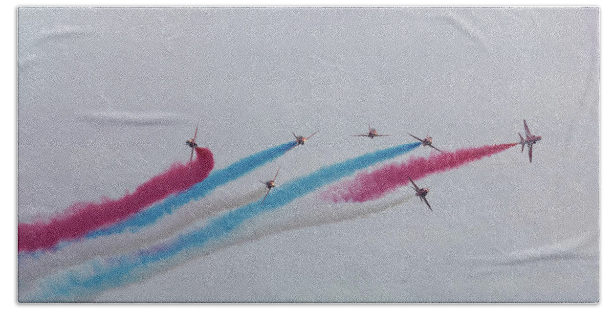 Eastbourne International Airshow Hand Towel featuring the photograph Red Arrows over Eastbourne by Andrew Lalchan