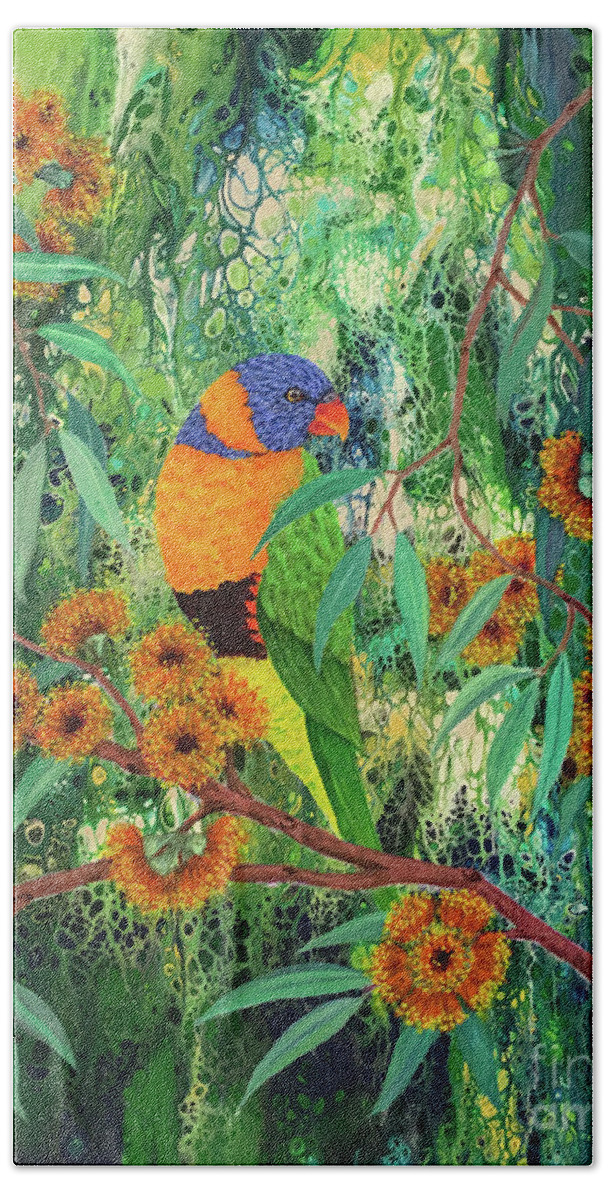 Lorikeet Bath Towel featuring the painting Red-collared Lorikeet by Lucy Arnold