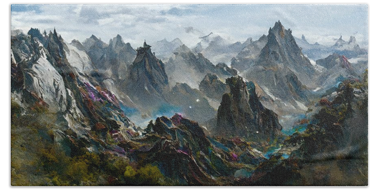 Digital Mountain Range Peaks Bath Towel featuring the digital art Rugged Mountain Range #1 by Beverly Read