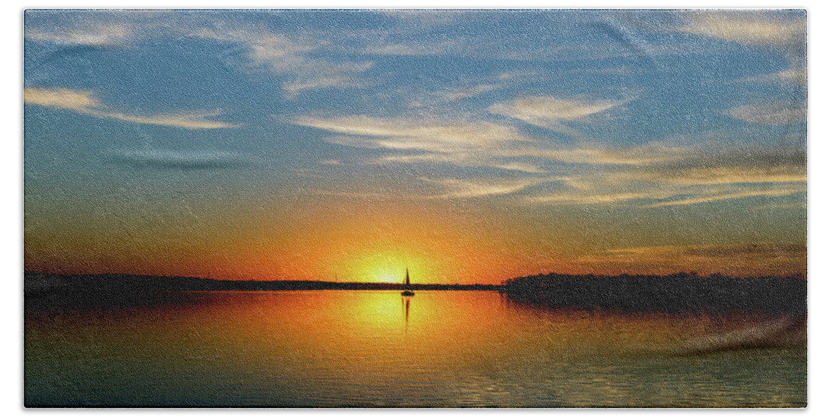 Cloudy Bath Towel featuring the photograph Sailing at Sunset #1 by Doug Long