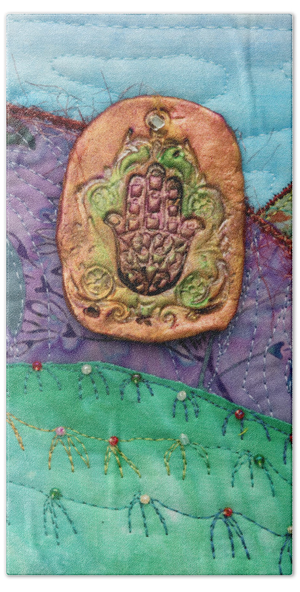 Shrine To Land And Sky Bath Towel featuring the mixed media Shrine to Land and Sky D #1 by Vivian Aumond