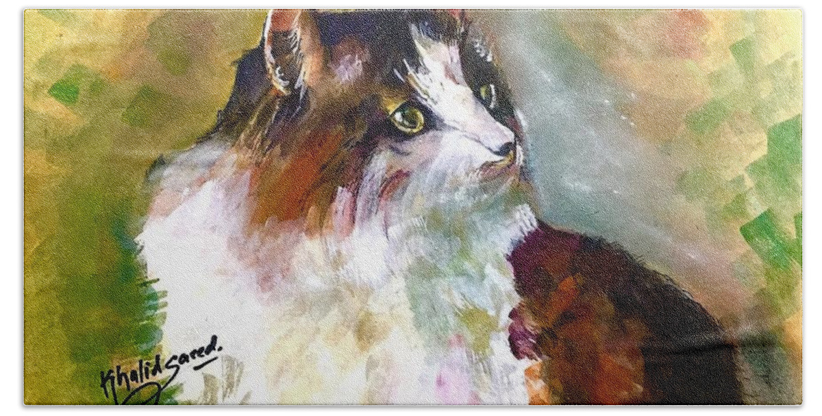 Cat Hand Towel featuring the painting Siberian forest cat by Khalid Saeed