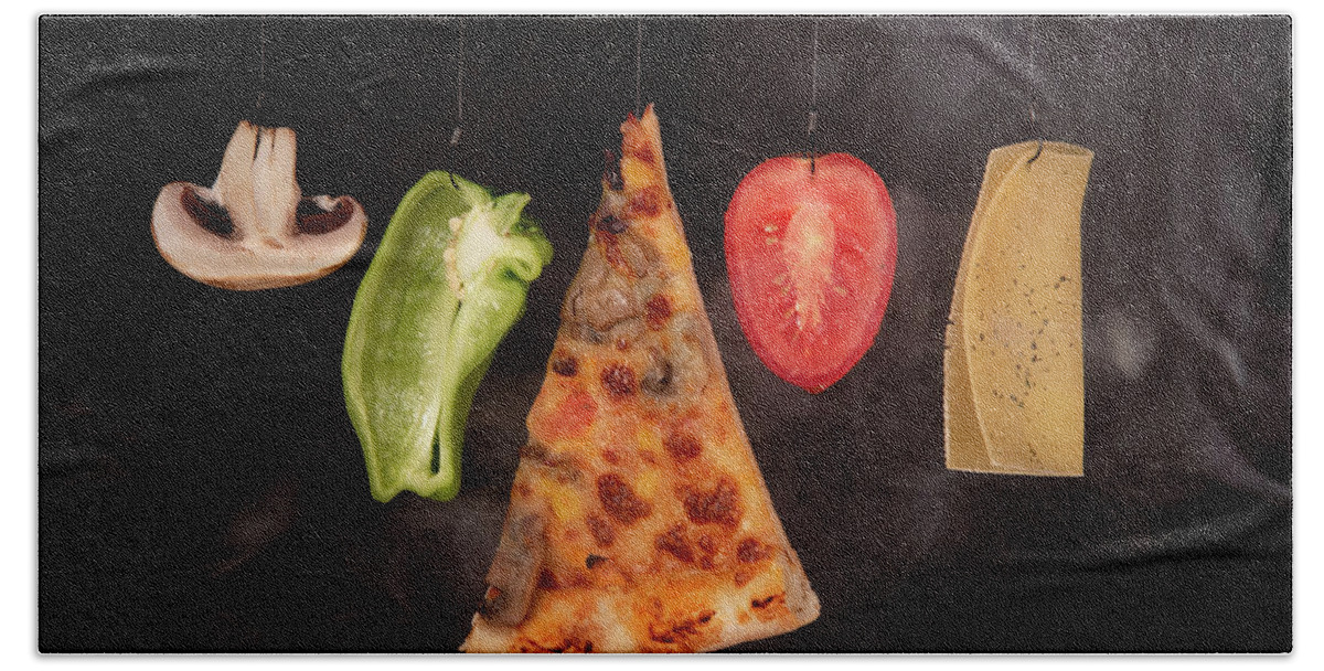 Pizza Bath Towel featuring the photograph Slice of mozzarella pizza tomato cheese peeper and mushroom ingredients by Michalakis Ppalis