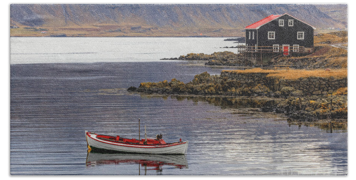 Iceland Bath Towel featuring the photograph Small boat and black wooden house, Djupivogur, Eastfjords, Icela #1 by Jane Rix