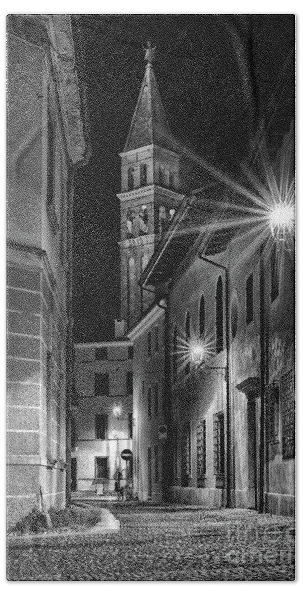 Oderzo Bath Towel featuring the photograph Small street leading to the bell tower #1 by The P