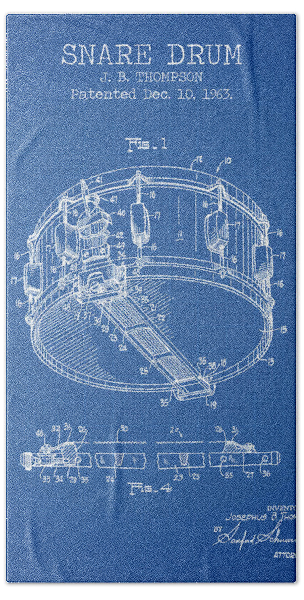 Snare Drum Hand Towel featuring the digital art Snare drum blue patent #1 by Dennson Creative