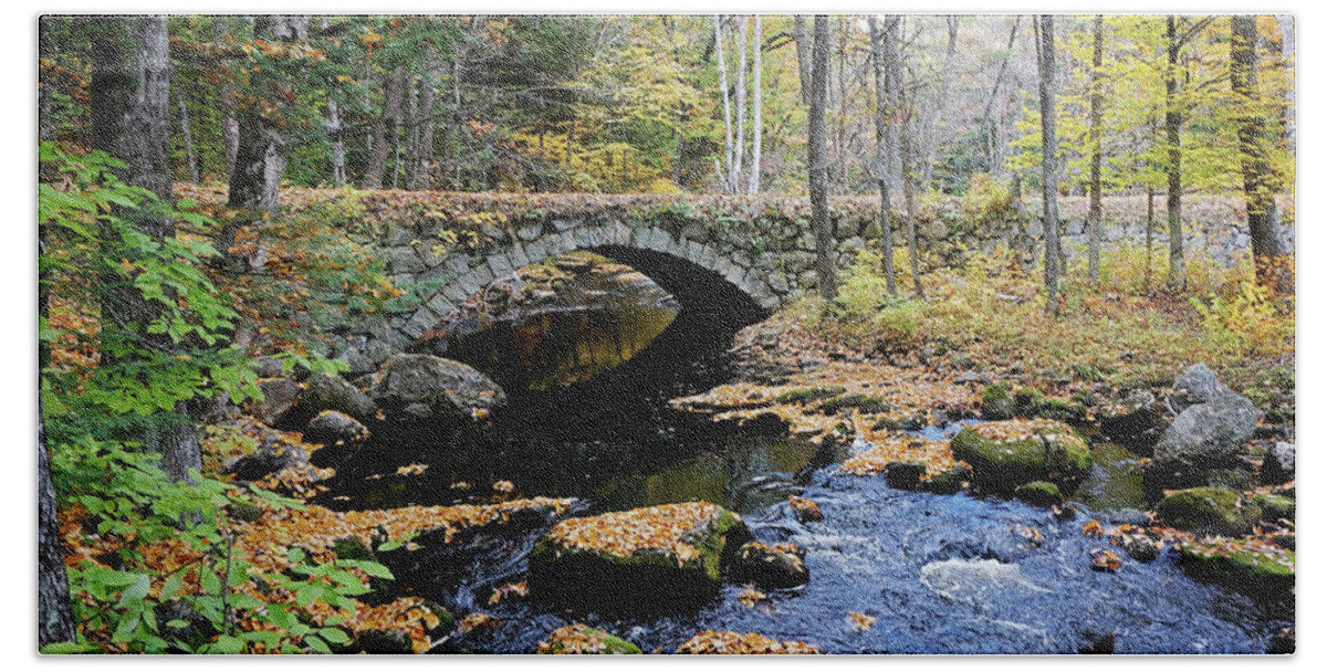 Stone Arch Autumn New England Hampshire Nh Bridge Water Stream Trout Fishing Leaves Foliage Fall Brook Bath Towel featuring the photograph Stone Arch Bridge in Autumn by Wayne Marshall Chase