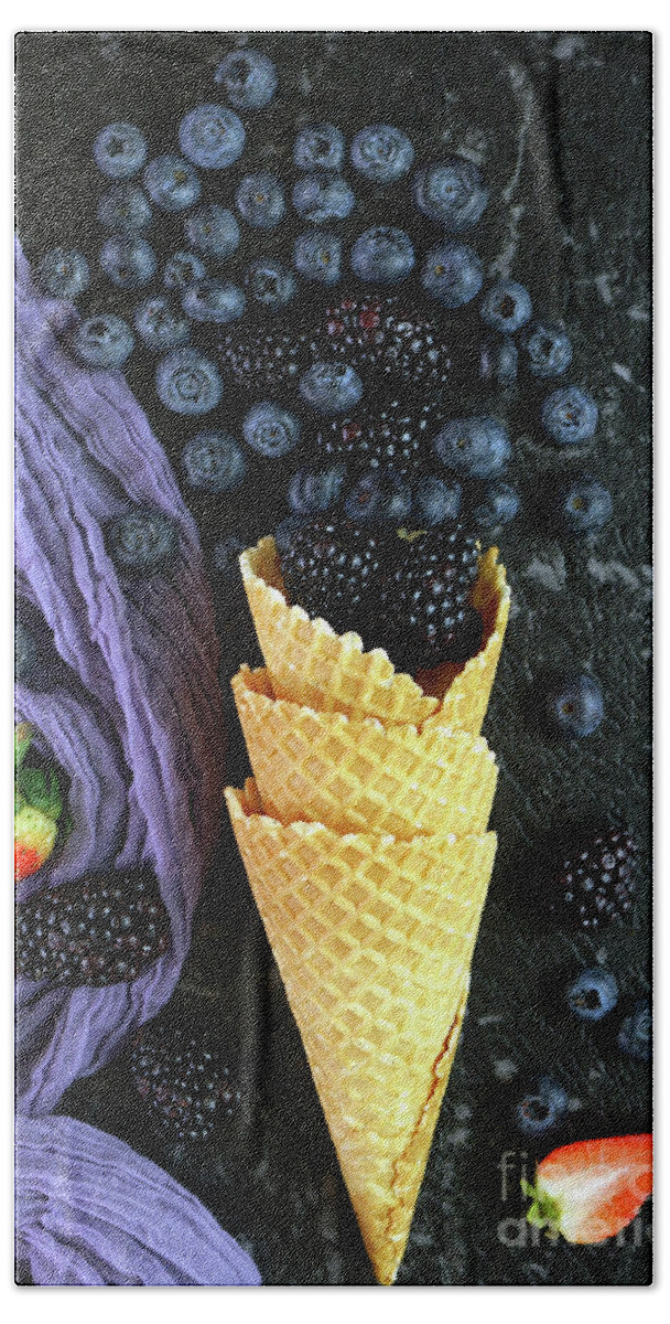 Food Hand Towel featuring the photograph Summer blueberries and blackberries in ice cream waffle cone #1 by Milleflore Images