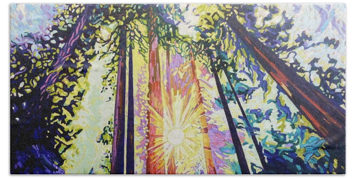 Sunburst In The Redwood Forest Hand Towel featuring the painting Sunburst in the Redwood Forest #1 by Therese Legere