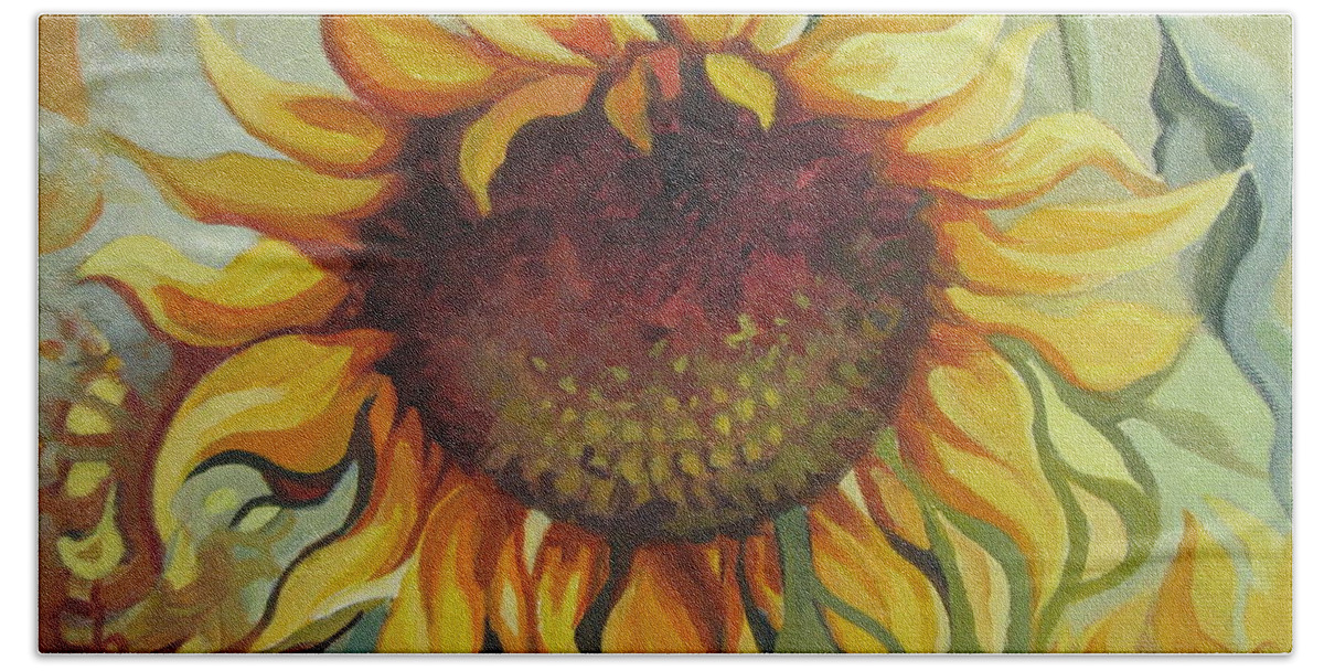 Sunflower Bath Towel featuring the painting Sunflower #1 by Elena Oleniuc