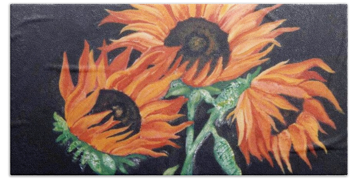 Sunflowers Bath Towel featuring the painting Sunflowers by Sidra Myers