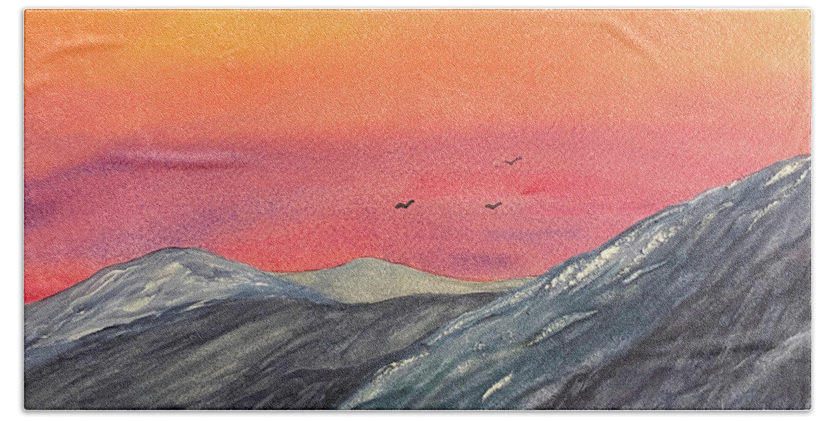 Sunset Bath Towel featuring the painting Sunset Mountains #1 by Lisa Neuman