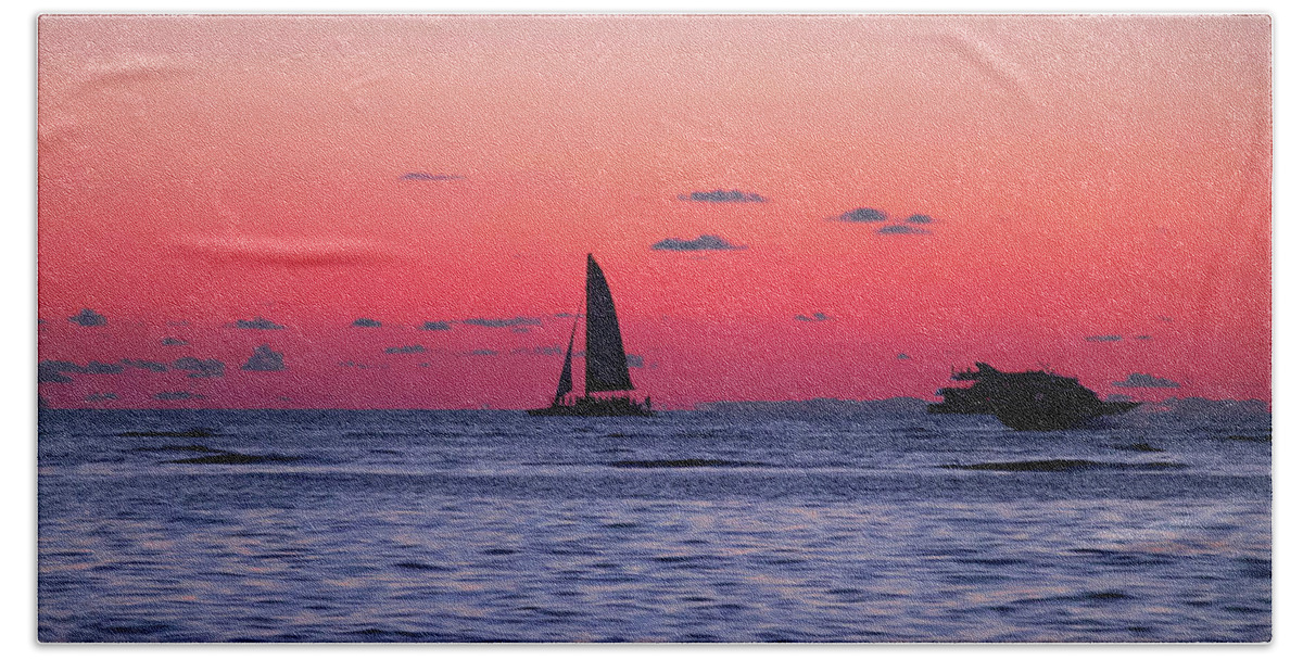 Beach Hand Towel featuring the digital art Sunset Sailing #1 by Linda Ritlinger
