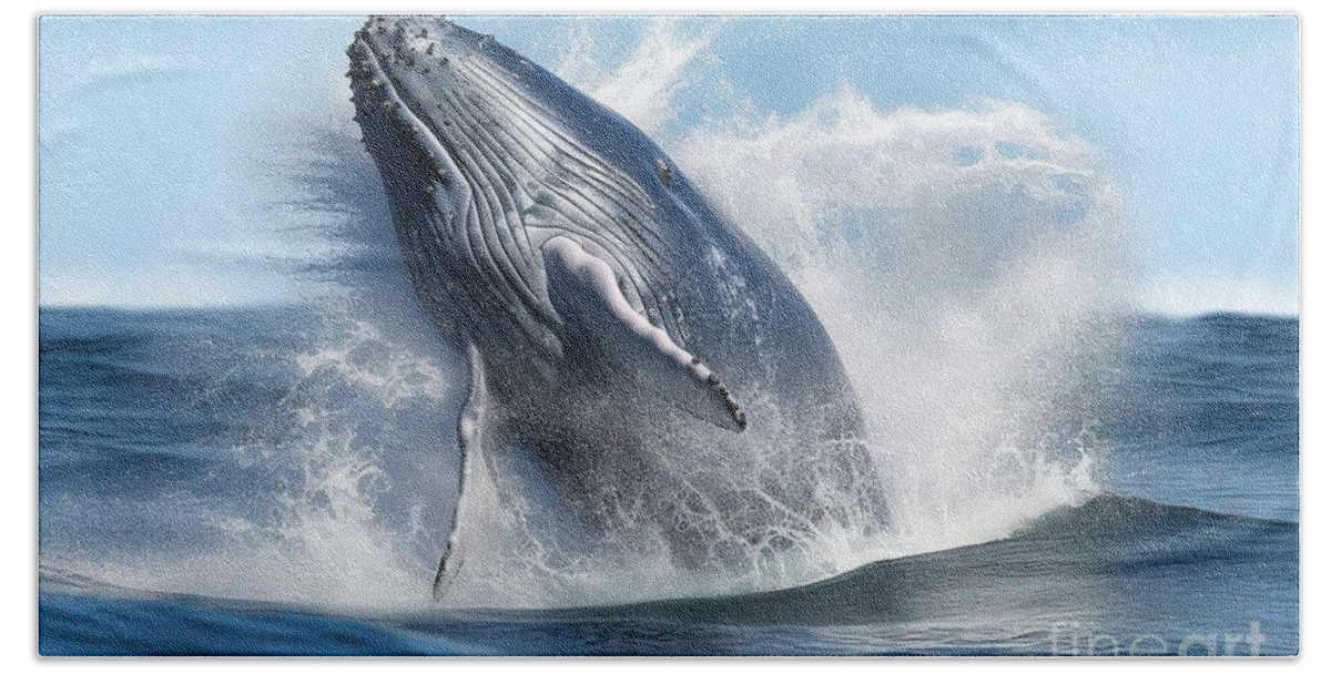 Whale Hand Towel featuring the painting Tabby whale jumps out of the wave #1 by N Akkash