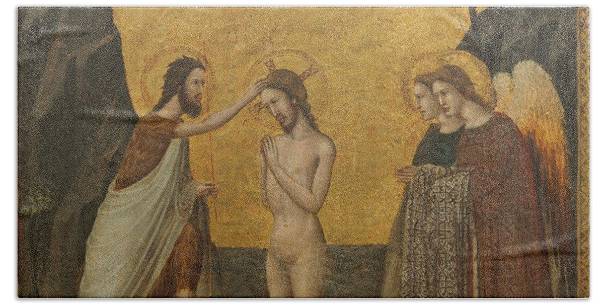 Giovanni Baronzio Bath Towel featuring the painting The Baptism of Christ #2 by Giovanni Baronzio