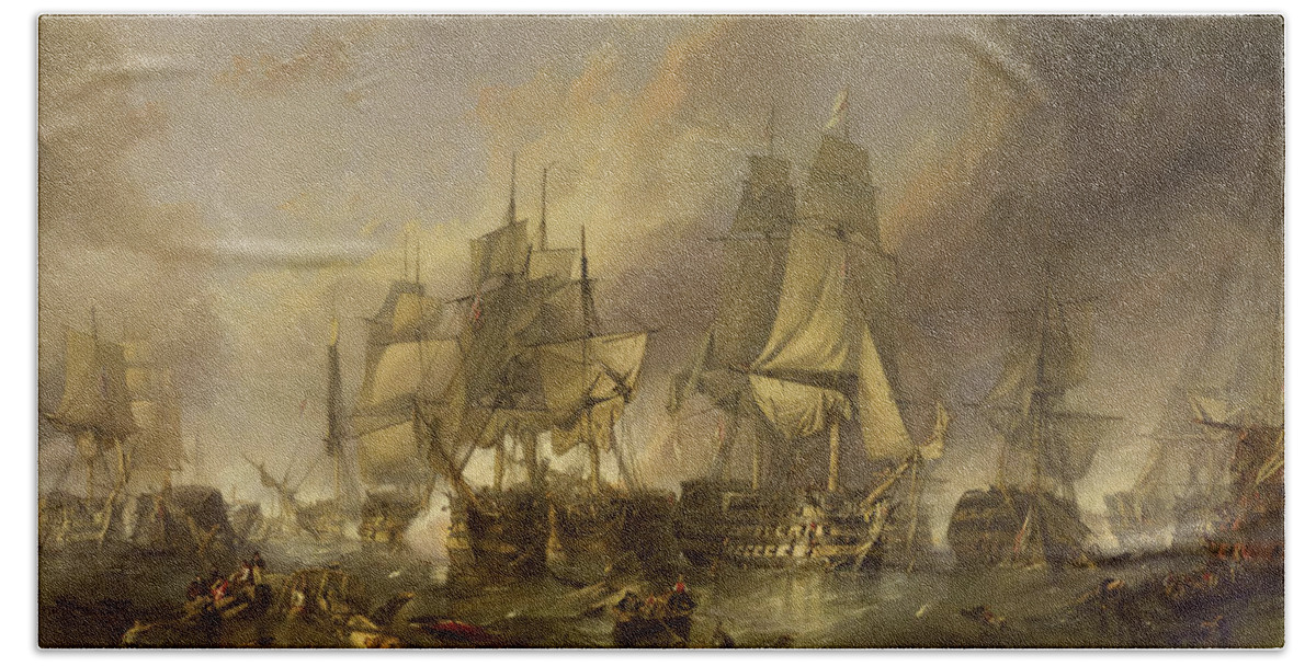 William Clarkson Stanfield Battle Hand Towel featuring the painting The Battle of Trafalgar #1 by William Clarkson Stanfield
