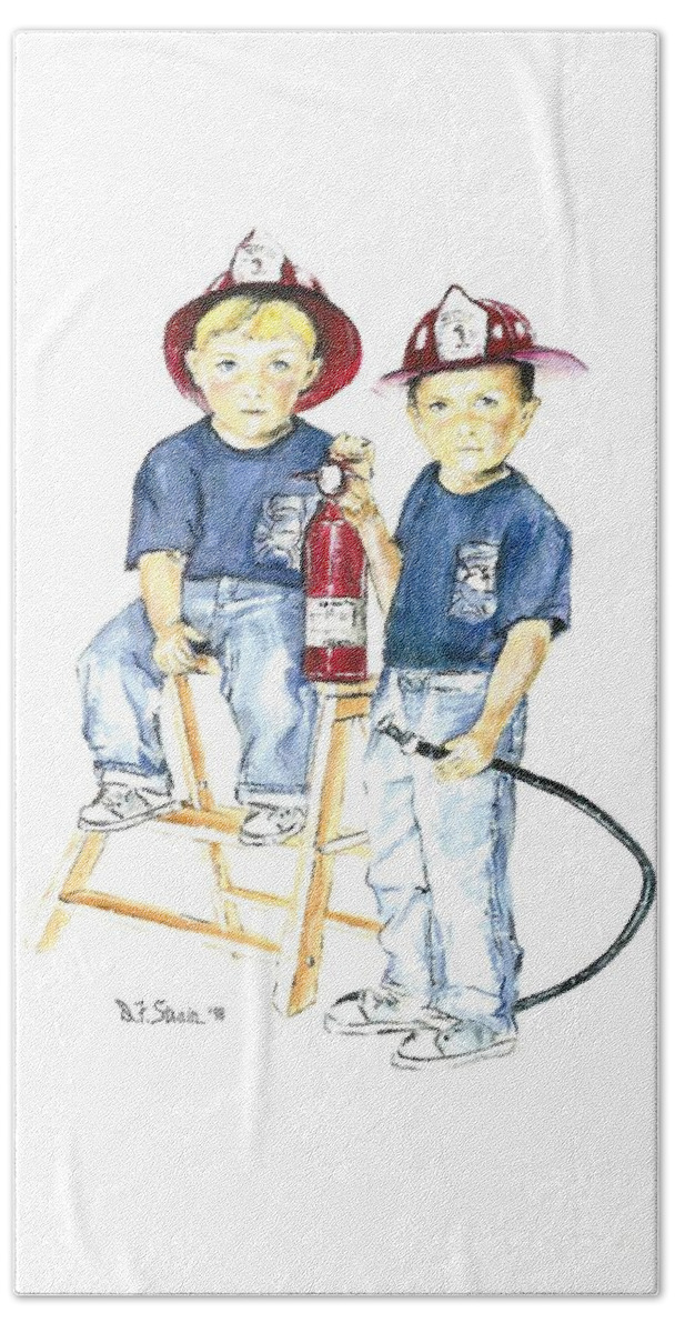 Images Bath Towel featuring the drawing The Firefighter's Sons #1 by Diane Strain