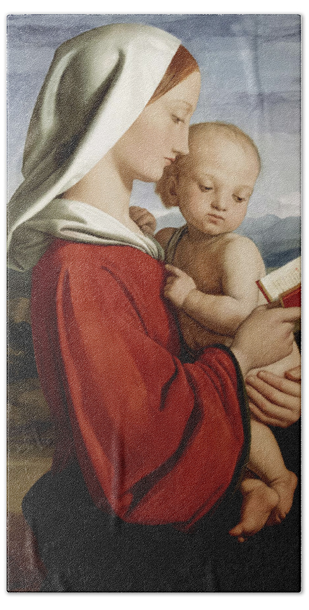 William Dyce Hand Towel featuring the painting The Madonna and Child by William Dyce by Mango Art