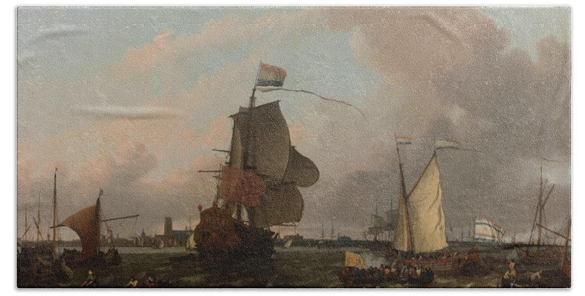 Man Hand Towel featuring the painting The Man of War Brielle on the River Maas off Rotterdam #1 by Ludolf Bakhuysen