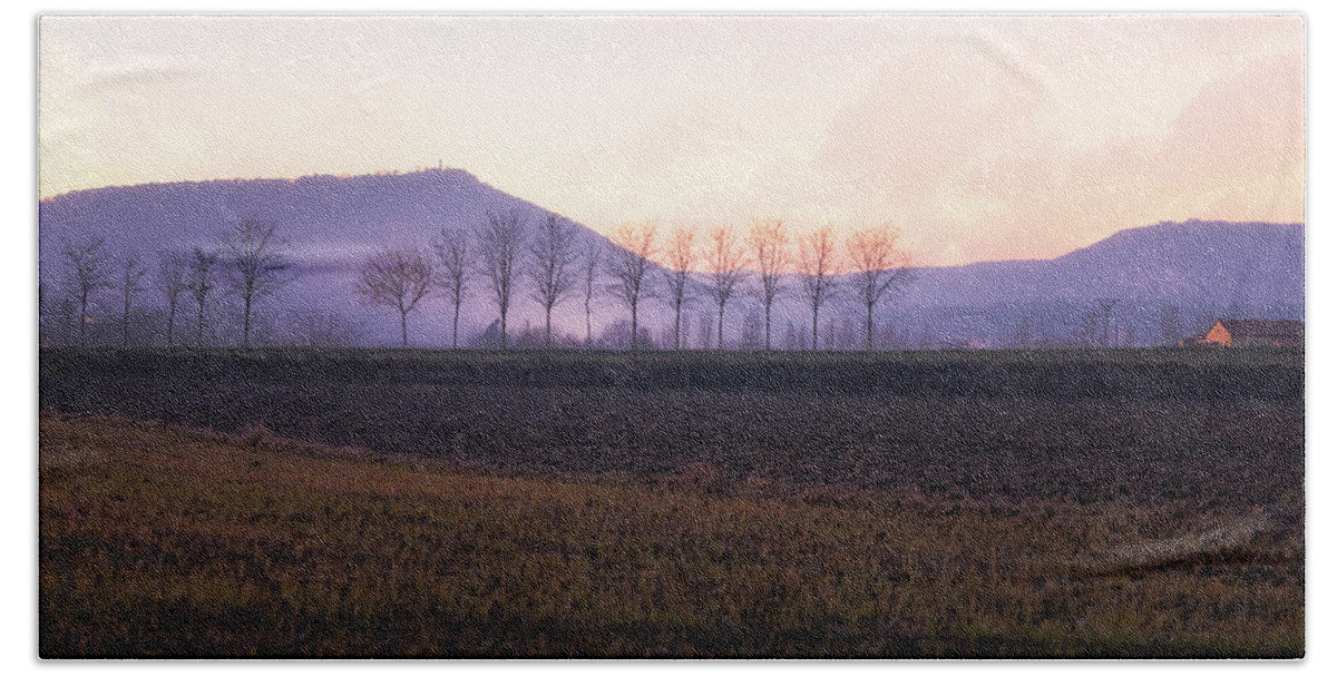 Agriculture Bath Towel featuring the photograph The mist settles in the valley after sunset by Jordi Carrio Jamila
