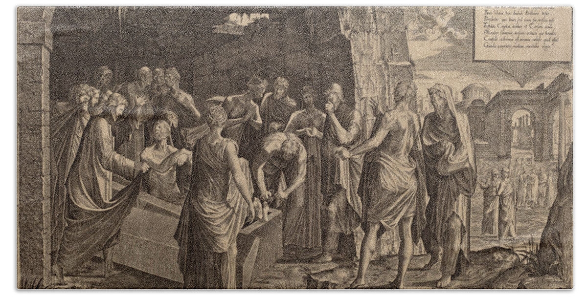Lambert Suavius Hand Towel featuring the drawing The Raising of Lazarus #2 by Lambert Suavius
