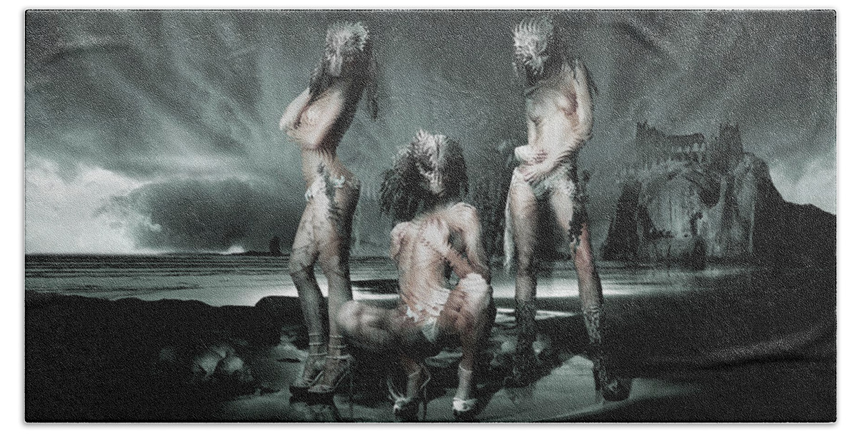 Digital Remake Metaphor Neosurrealism Art Picture Bath Towel featuring the digital art The Three Graces Remake Gods and Heroes by George Grie