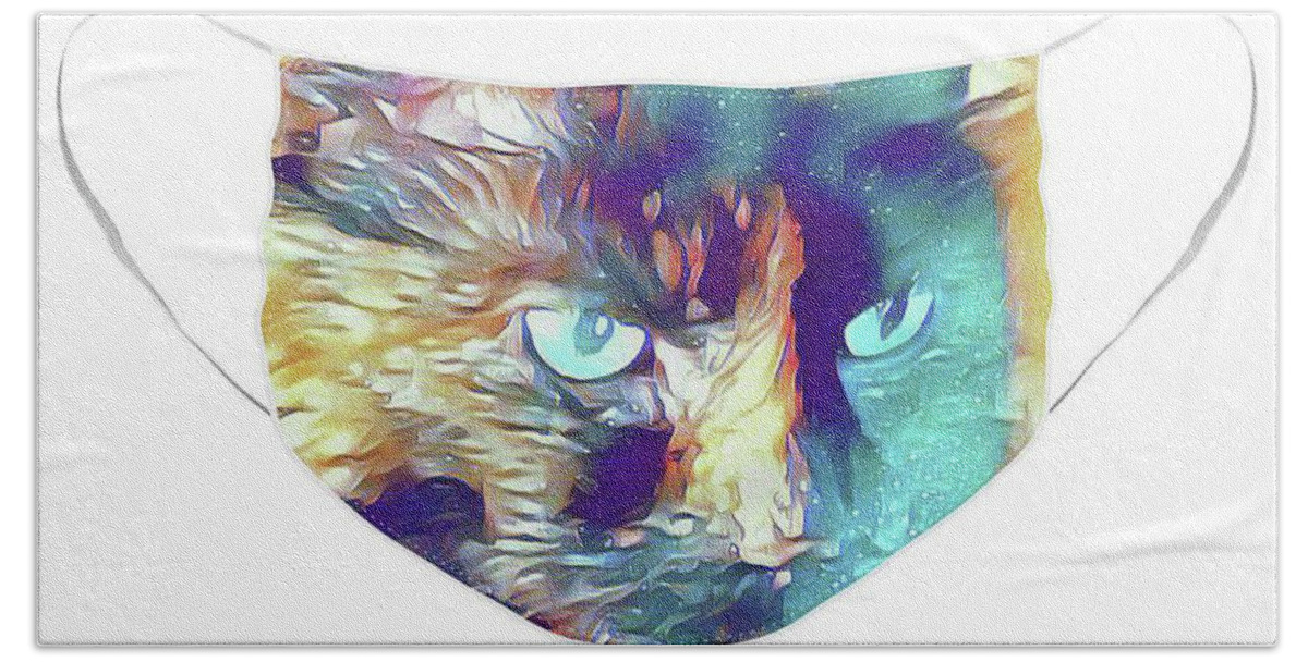 Cat; Kitten; Torti; Torti Cat; Tortoiseshell; Gold; Brown; Black; Teal; Cat Eyes; Kitten Eyes; Close-up; Photography; Painting; Profile; Face Mask; Mask Hand Towel featuring the photograph Torti in Teal Face Mask by Tina Uihlein