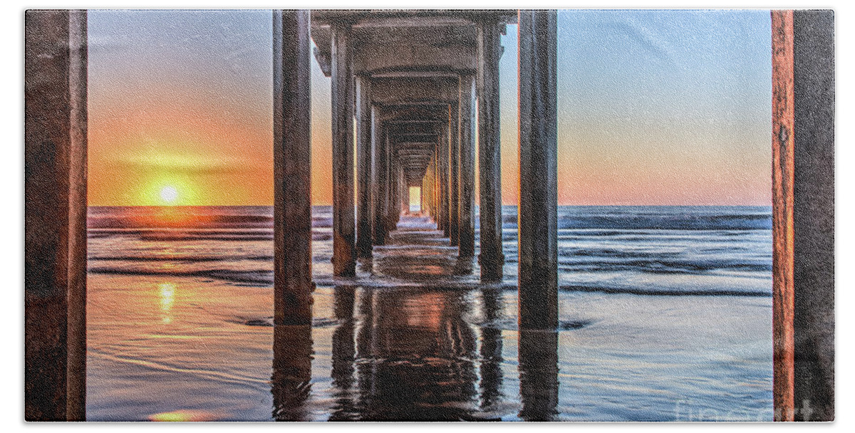 Beach Bath Towel featuring the photograph Under Scripps Pier at Sunset by David Levin