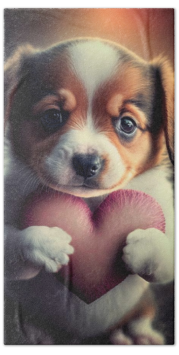 Puppy With Heart Bath Towel featuring the mixed media Valentine Puppy 0 #1 by Lilia S