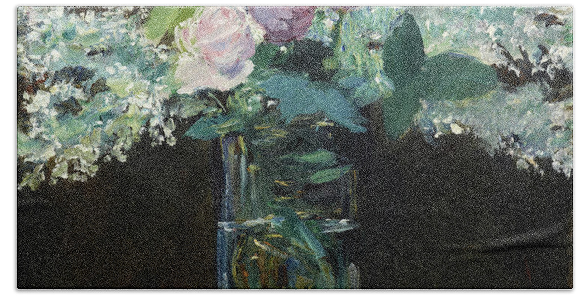 Vase Of White Lilacs And Roses Bath Towel featuring the painting Vase of White Lilacs and Roses, 1883 by Edouard Manet