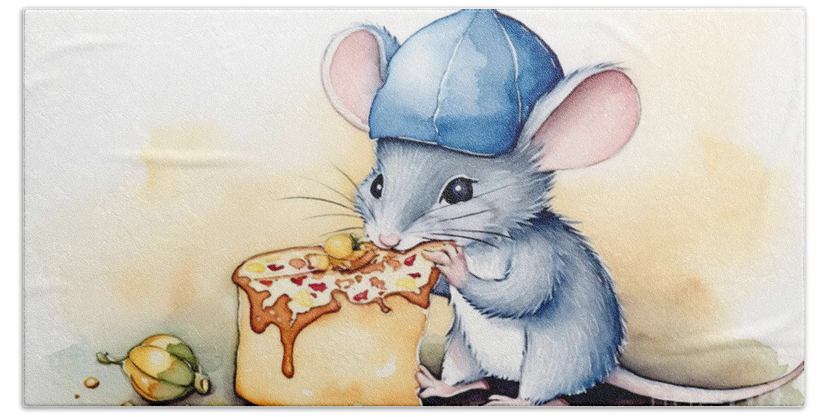 Mouse Hand Towel featuring the painting Very cute little mouse in a blue cap eats a piece of cheese. Chi #1 by N Akkash
