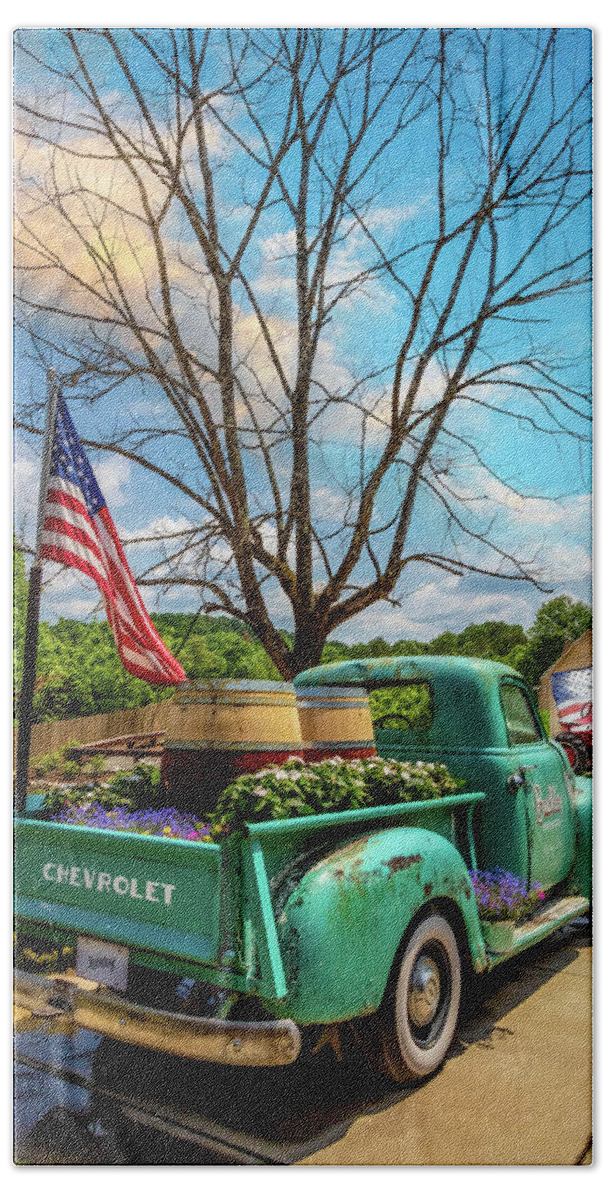 Buckley Bath Towel featuring the photograph Vintage Chevrolet at Buckley Vineyards #1 by Debra and Dave Vanderlaan