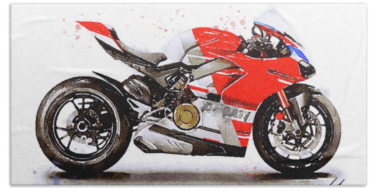 Sport Bath Towel featuring the painting Watercolor Ducati Panigale V4S motorcycle, oryginal artwork by Vart by Vart Studio