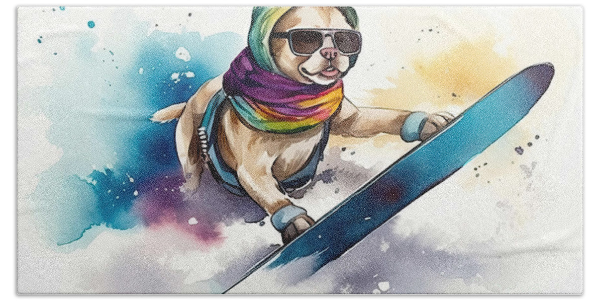 Dog Hand Towel featuring the painting Watercolor Illustration of a A Funny Dog With Scarf And Ski Gogg #1 by N Akkash