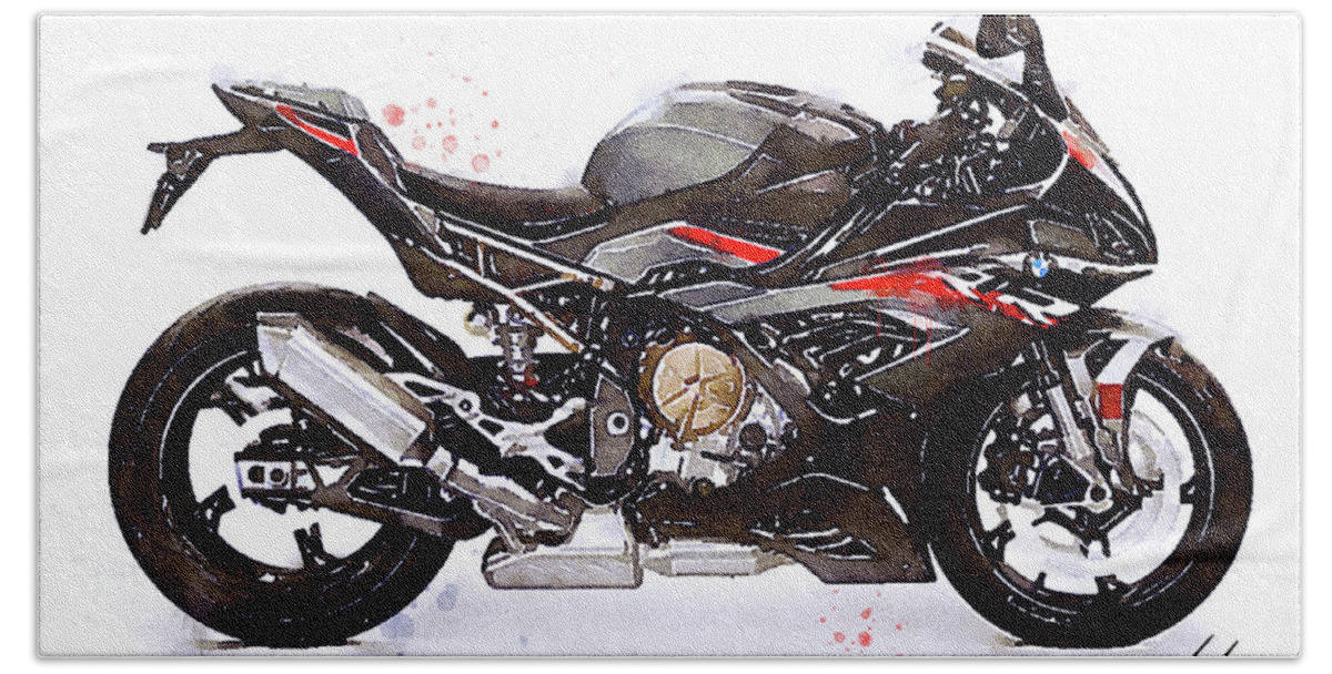 Sport Bath Towel featuring the painting Watercolor Motorcycle BMW S1000RR - original artwork by Vart. by Vart Studio