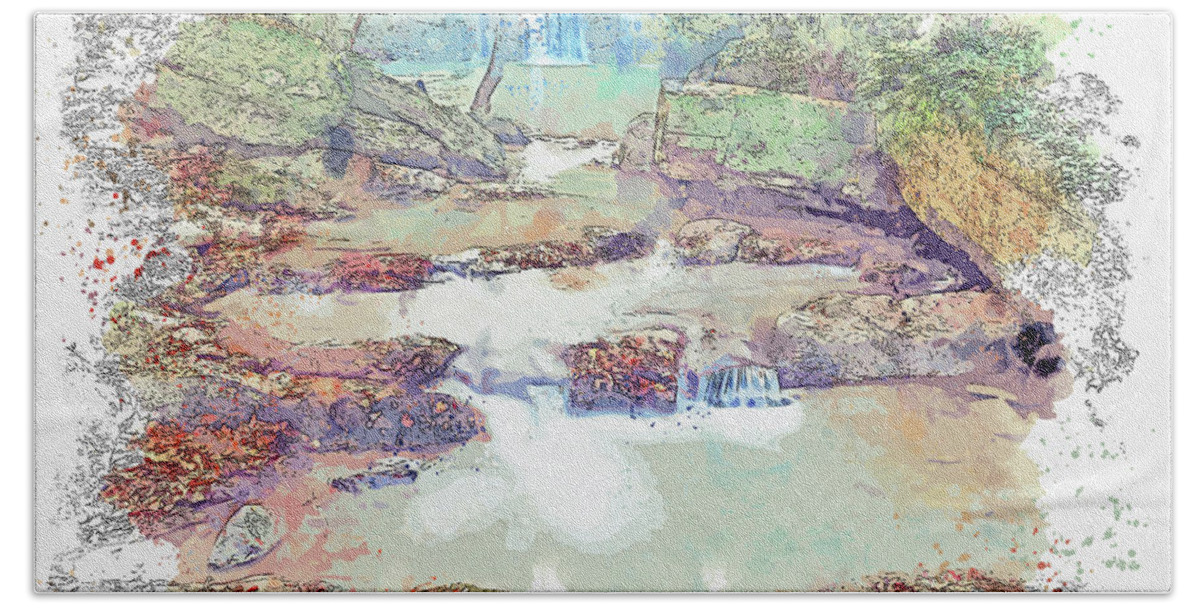 Waterfall And Creek Bath Towel featuring the digital art Waterfall and creek, watercolor, ca 2020 by Ahmet Asar #1 by Celestial Images